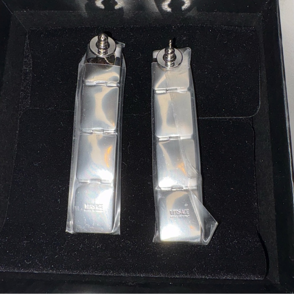 Versace x Dua Lipa Logo Letter Drop Earrings Silver Blocks Medusa NIB $925retail - Picture 6 of 8